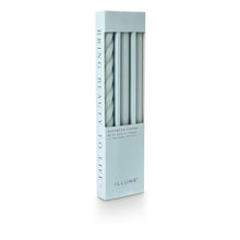 Load image into Gallery viewer, 3 tapered candles each with a different texture including a twist, fluted and smooth in pale seasfoam green