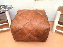 Load image into Gallery viewer, Brown leather moroccan square ottoman on a wood floor
