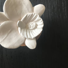 Load image into Gallery viewer, Porcelain White Orchid Broadcast Diffuser on an acacia wood base on a black surface