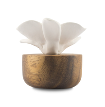 Load image into Gallery viewer, Porcelain White Orchid Broadcast Diffuser on an acacia wood base