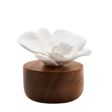Load image into Gallery viewer, Porcelain White Orchid Broadcast Diffuser on an acacia wood base
