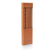 Load image into Gallery viewer, 3 tapered candles each with a different texture including a twist, fluted and smooth in Autumn sienna