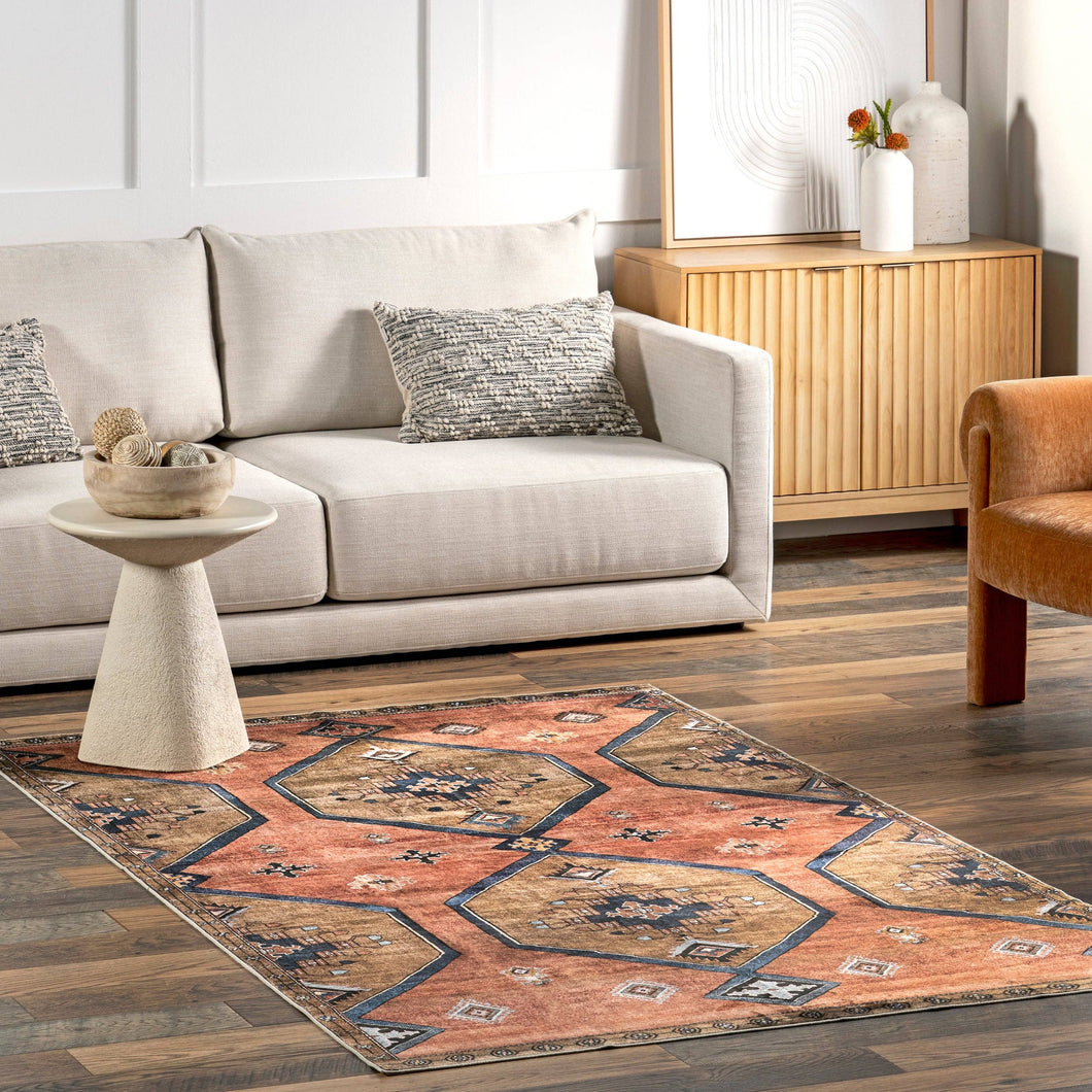 nuLoom Judy Traditional Persian Machine Washable Area Rug in rust and blue