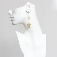 Load image into Gallery viewer, Gold fringe earrings on a white mannequin head against a gray background
