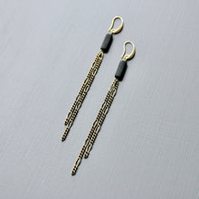 Load image into Gallery viewer, David Aubrey Earrings with 18k gold plated hooks, brass chains, and black glass
