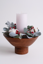 Load image into Gallery viewer, Decorative wooden bowl with a candle, cotton , and greenery on a white background
