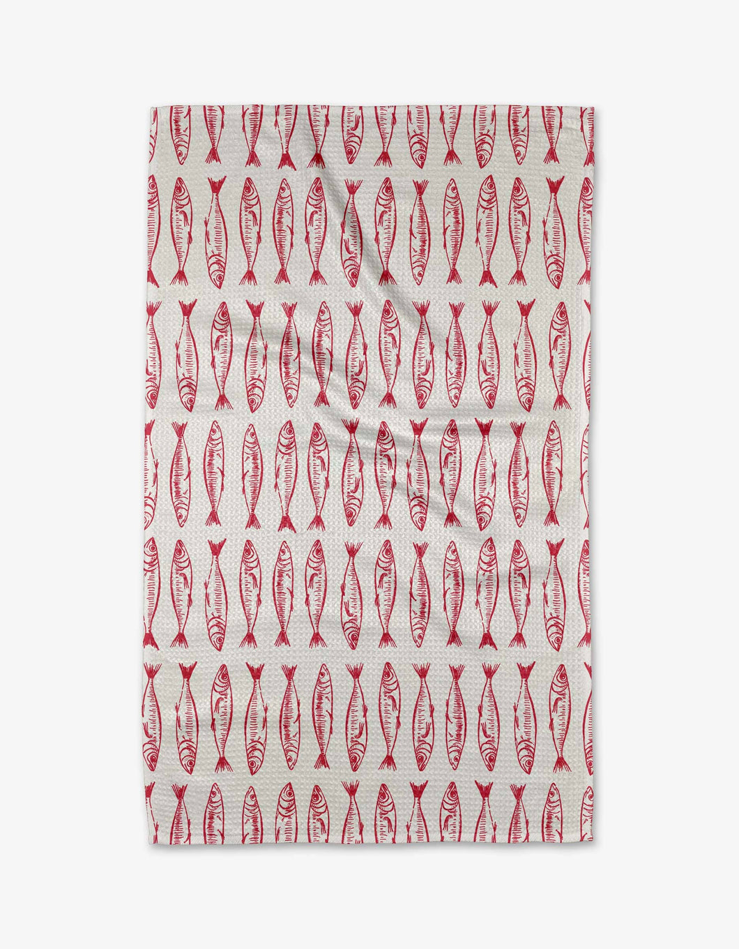 Tea towel with red fish pattern on a white background