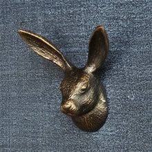 Load image into Gallery viewer, Bronze rabbit head coat hook on a textured blue background
