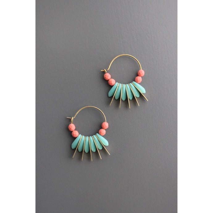 David Aubrey glass and brass earrings in turquoise and coral 