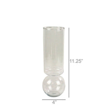 Load image into Gallery viewer, Clear glass vase with dimensions on a white background
