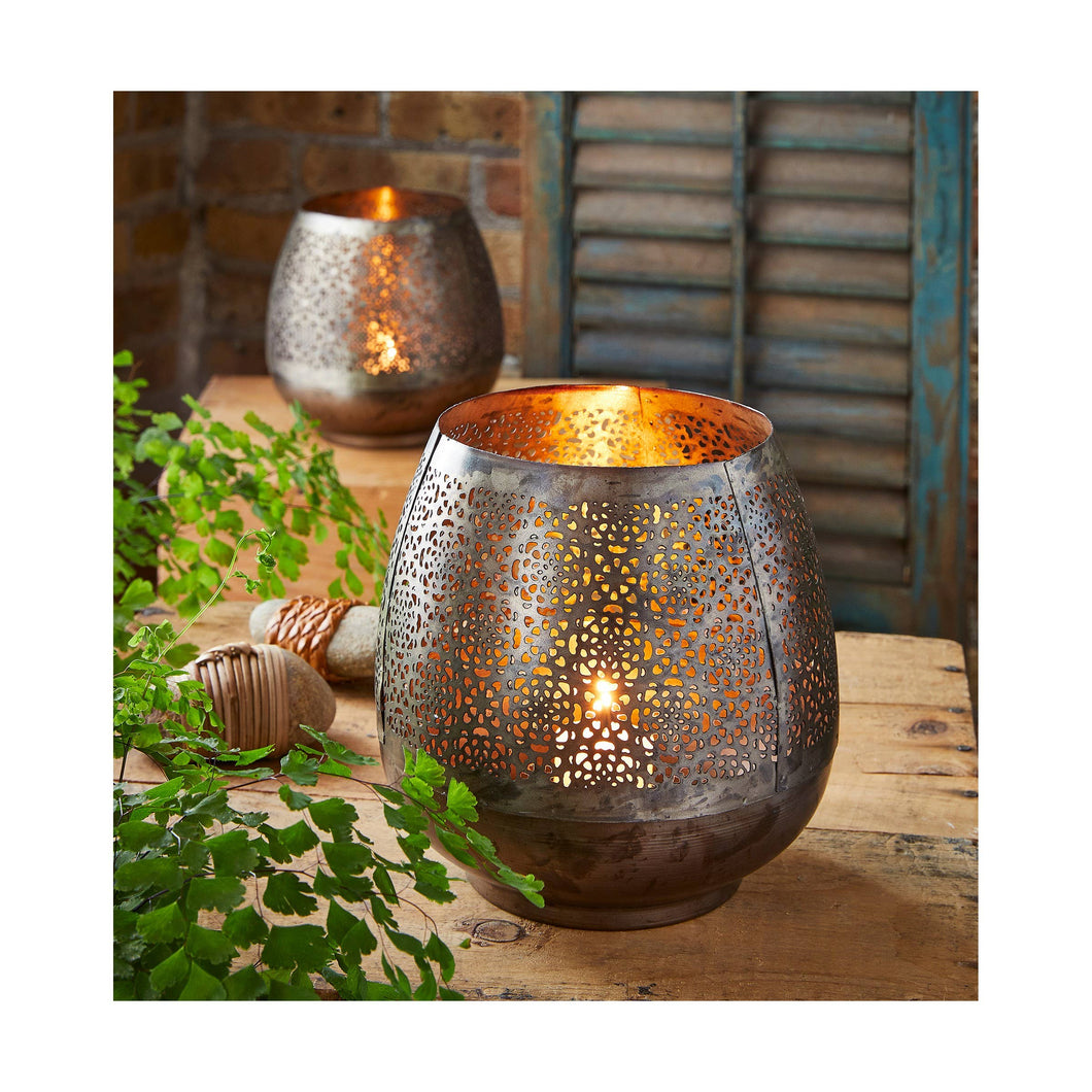 Sari Pierced Candle Lantern in Antique Brass
