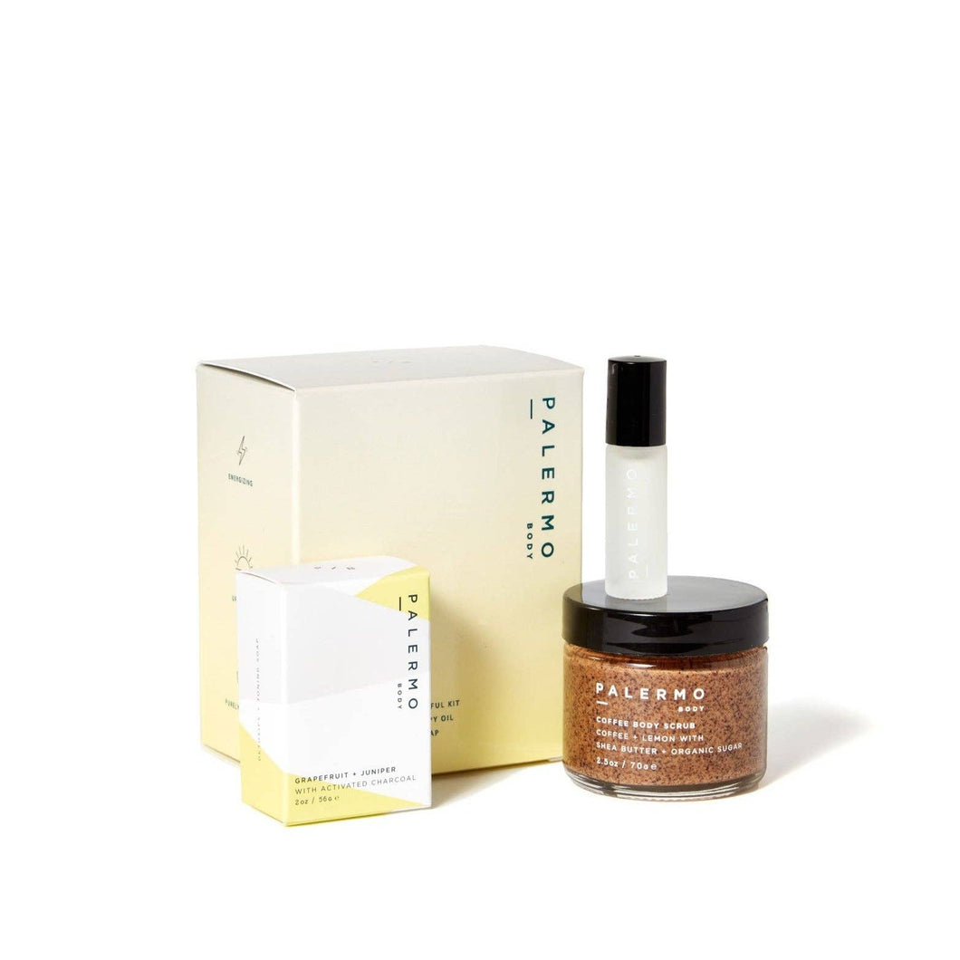Energize and Enliven Body kit This set includes the Coffee Body Scrub 2.5 oz,  Enlivening Aromatherapy Oil 5 ml and  Grapefruit + Juniper Soap 2 oz.