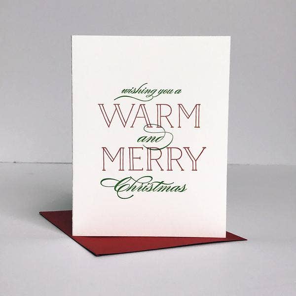 Letterpress Christmas card with 'Wishing you a Warm and Merry Christmas' 