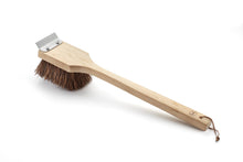 Load image into Gallery viewer, Wooden grill brush with bristle head and metal scraper on a white background
