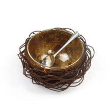 Load image into Gallery viewer, Decorative bowl with a spoon and sugar cubes inside, placed in a woven basket-like stand.
