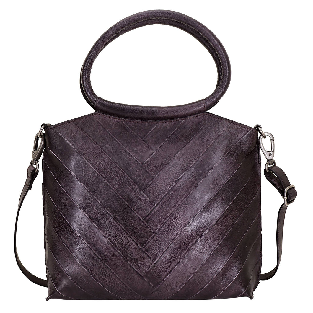 Dark eggplant  leather handbag with a chevron pattern on a white background