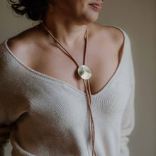 Load image into Gallery viewer, Brown braided leather rope tie with large brass disc bolo tie
