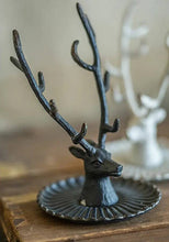 Load image into Gallery viewer, Decorative metal deer head with antlers on a wooden surface
