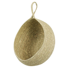Load image into Gallery viewer, A woven hanging basket made from natural jute or seagrass, featuring a rounded, bowl-like shape and a loop at the top for hanging, shown against a plain white background.
