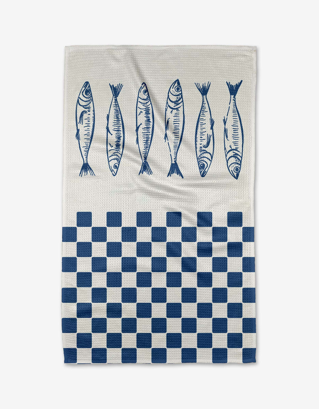 Tea towel with blue fish illustrations and a blue and white checkered pattern on a white background