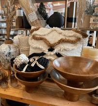 Load image into Gallery viewer, Decorative items including a textured blanket, wooden bowls, and a lamp on a wooden surface.
