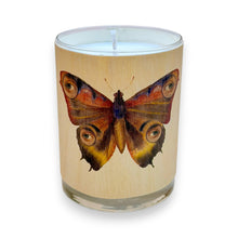Load image into Gallery viewer, Candle in a glass container with a butterfly design on a wooden base
