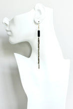 Load image into Gallery viewer, David Aubrey Earrings with 18k gold plated hooks, brass chains, and black glass
