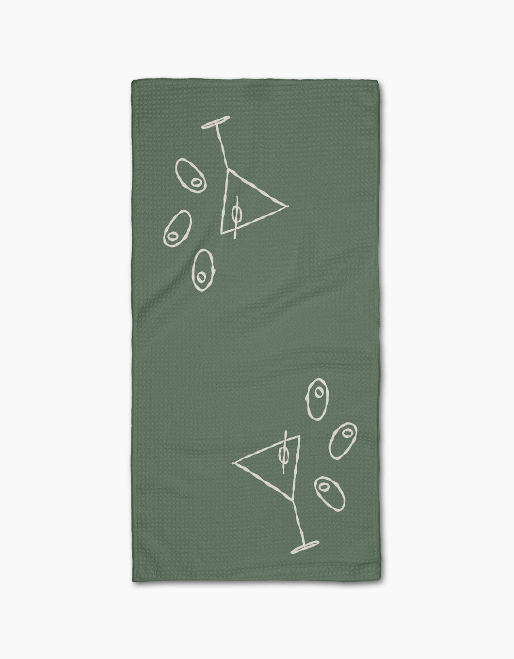 Green towel with white geometric designs on a white background