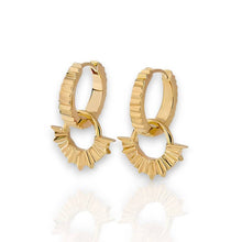 Load image into Gallery viewer, Gold hoop earrings with a textured design on a white background

