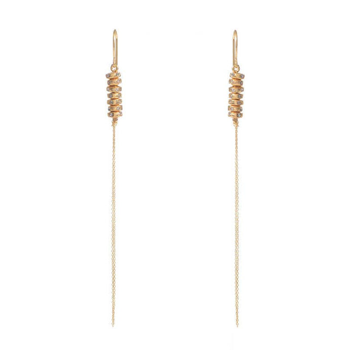 Pair of gold threader earrings on a white background