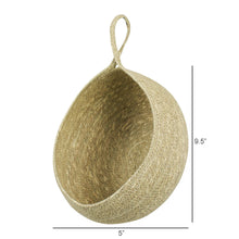 Load image into Gallery viewer, A woven hanging basket made of natural jute or seagrass, shown on a white background with dimension lines indicating a height of 9.5 inches and a width of 5 inches.
