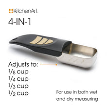 Load image into Gallery viewer, KitchenArt 4-in-1 measuring cup with a black and gold slide handle and stainless steel bowl, shown on a white background with text indicating adjustable measurements from 1/8 cup to 1/2 cup and dual-use wet and dry measuring.
