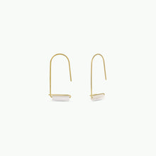 Load image into Gallery viewer, Pair of gold earrings with white stones on a white background
