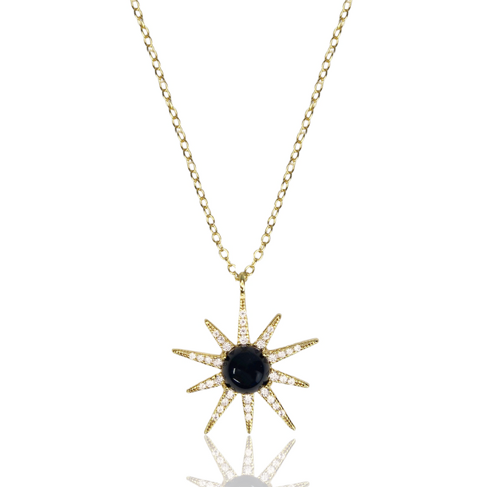 Spitfire Girl Midnight Star Necklace 18k gold plated 925 sterling silver chain and sunburst pendant with rounded onyx center.