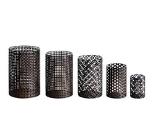 Load image into Gallery viewer, Set of five black woven cylindrical planters on a white background
