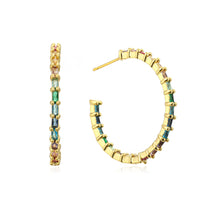 Load image into Gallery viewer, Gold hoop earrings with multicolored gemstones on a white background
