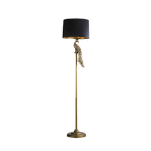 Load image into Gallery viewer, Floor lamp with black shade and decorative peacock feather design on a white background
