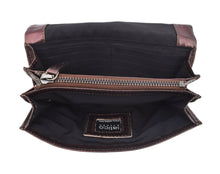 Load image into Gallery viewer, Open brown leather clutch bag with visible brand logo on a white background
