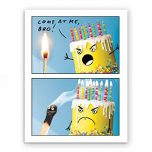 Load image into Gallery viewer, Cartoon birthday cake with angry expression and matchbox, on a blue background
