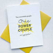 Load image into Gallery viewer, Greeting card with 'One Power Couple' text on a yellow envelope

