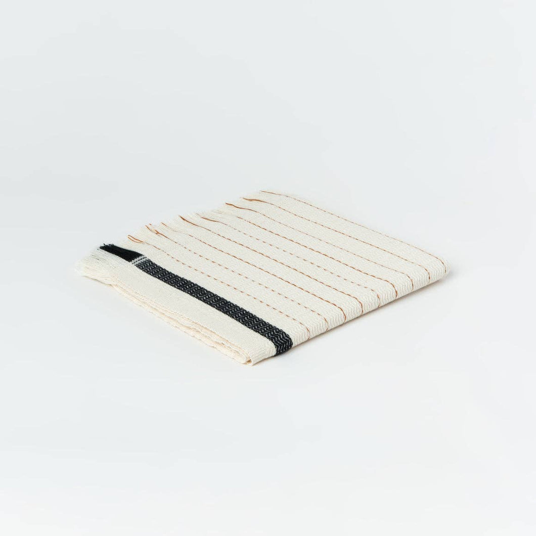 Silvia 100% Cotton Turkish Bath Towel in ivory with bold black stripe and light brown pinstripes.