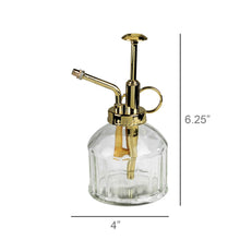 Load image into Gallery viewer, Clear glass spray bottle with gold metal nozzle and pump on a white background, with dimensions indicated.
