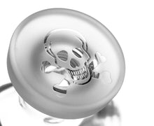 Load image into Gallery viewer, Silver button with skull and crossbones design on a white background
