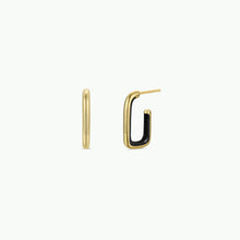 Load image into Gallery viewer, Gold hoop earrings with black enamel on a white background

