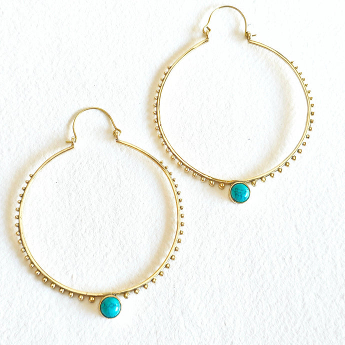 Gold hoop earrings with turquoise stones 