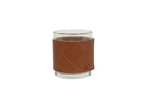Load image into Gallery viewer, Glass tumbler with a brown leather sleeve on a white background
