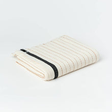 Load image into Gallery viewer, Silvia 100% Cotton Turkish Bath Towel in ivory with bold black stripe and light brown pinstripes.
