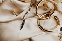 Load image into Gallery viewer, Harlow Knife Necklace in White Mother of Pearl on a Brass Rolo Chain
