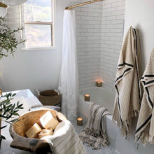 Load image into Gallery viewer, Silvia 100% Cotton Turkish Bath Towel in ivory with bold black stripe and light brown pinstripes.
