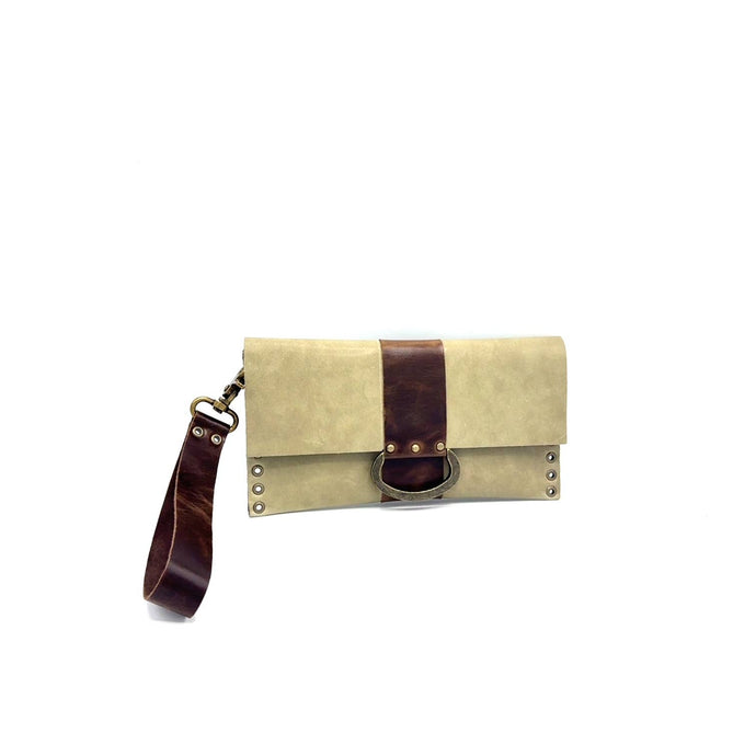 Sage clutch bag with brown strap on a white background